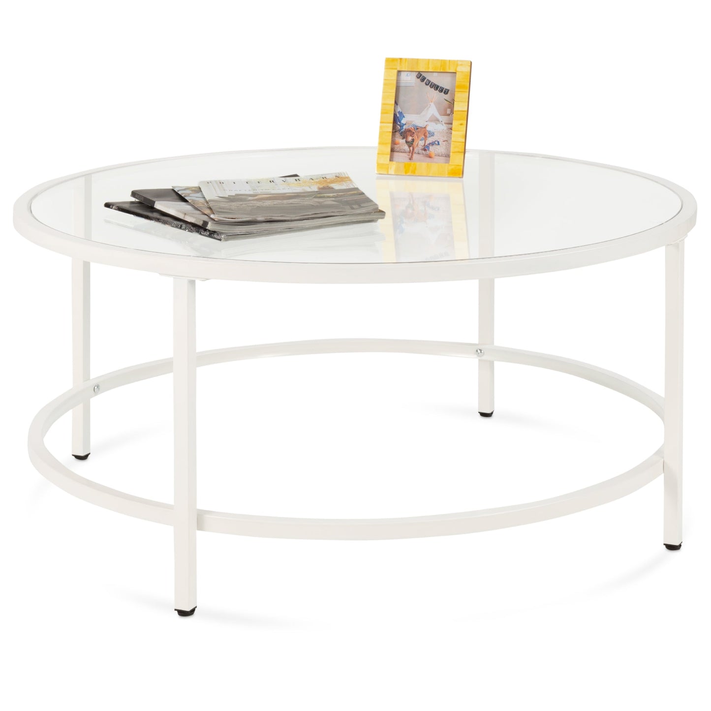 Round Tempered Glass Coffee Table with Steel Frame - 36in designed for everyday comfort and storage