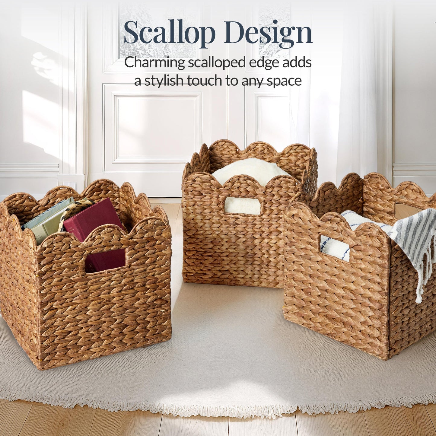 Scalloped 10.5 x 10.5in Hyacinth Storage Basket Set of 5 for convenient daily use