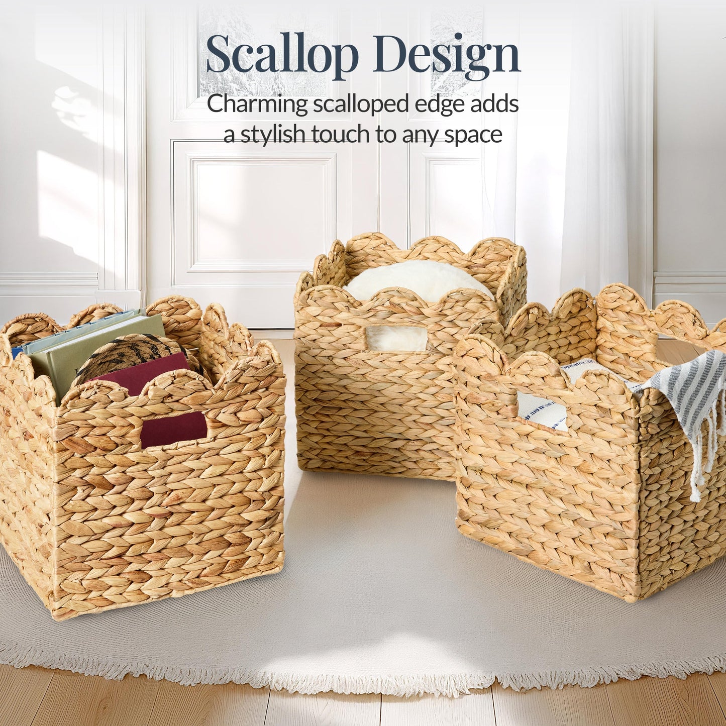 Scalloped 12x 12 Hyacinth Storage Basket Set of 5 for simple setup and everyday use