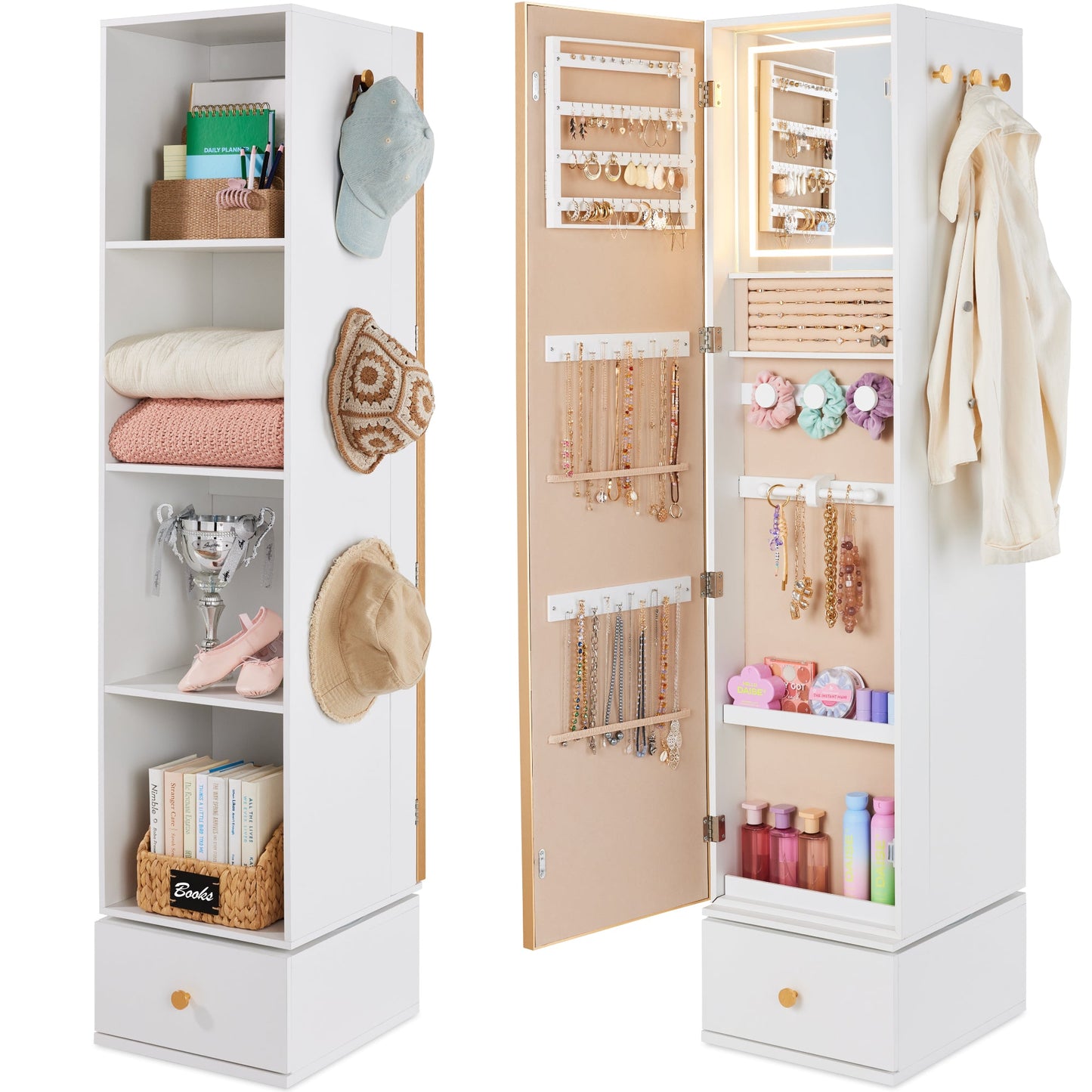 Rotating Mirror with Storage Cabinet Swivel Jewelry Armoire Shelves Hooks with practical style for home spaces