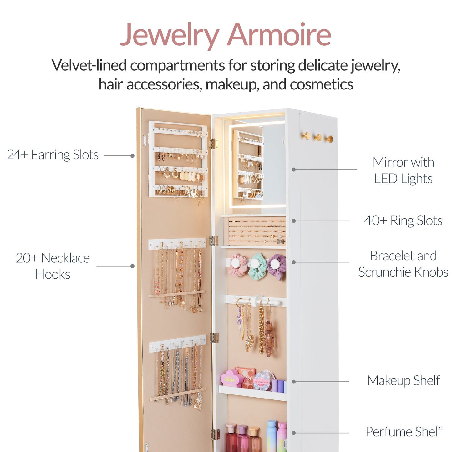 Rotating Mirror with Storage Cabinet Swivel Jewelry Armoire Shelves Hooks with practical style for home spaces