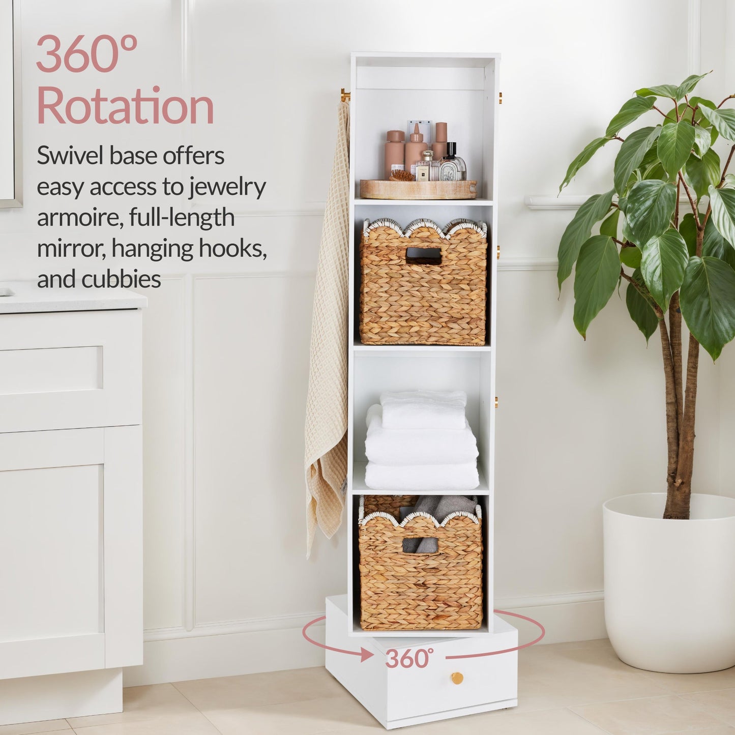 Rotating Mirror with Storage Cabinet Swivel Jewelry Armoire Shelves Hooks with practical style for home spaces
