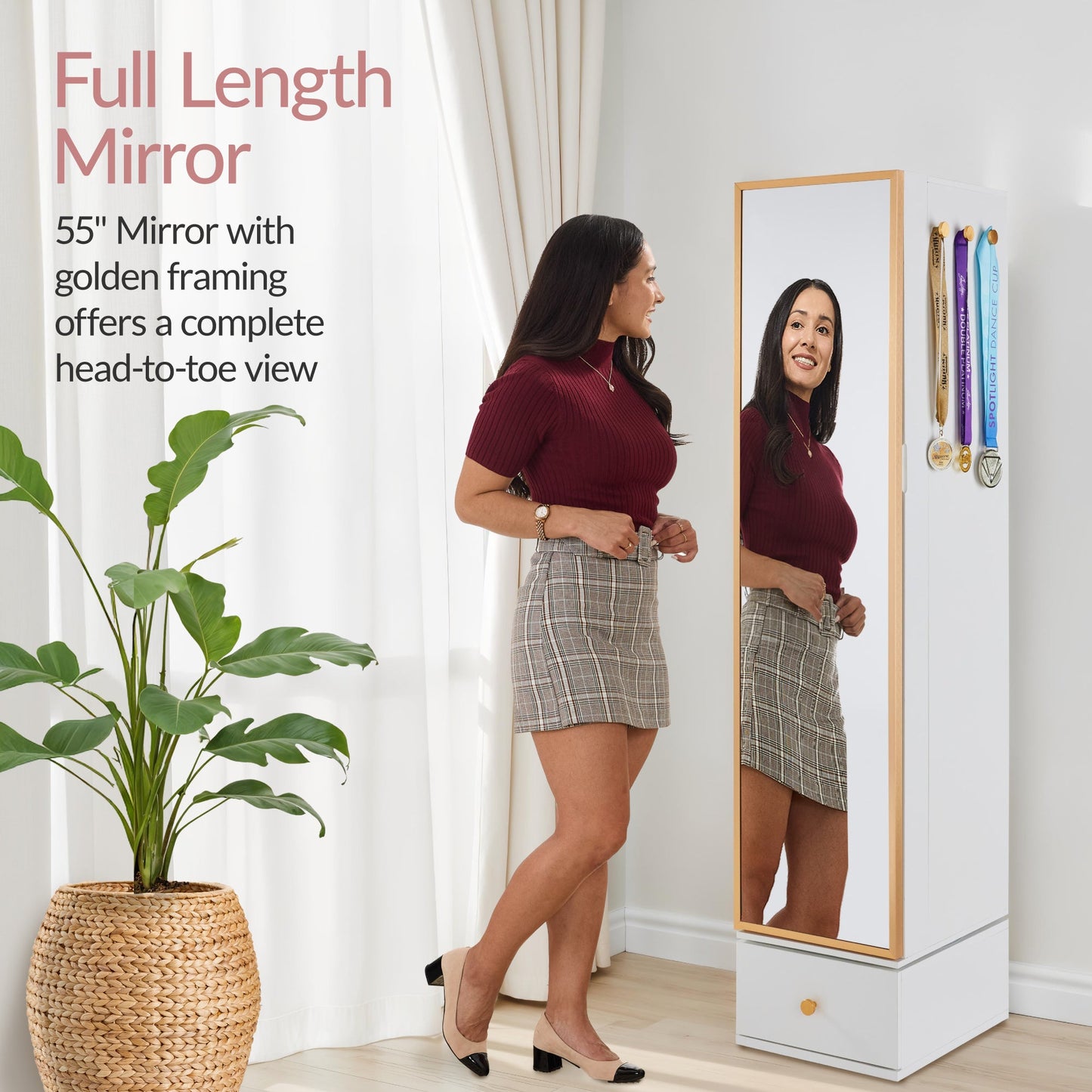 Rotating Mirror with Storage Cabinet Swivel Jewelry Armoire Shelves Hooks with practical style for home spaces