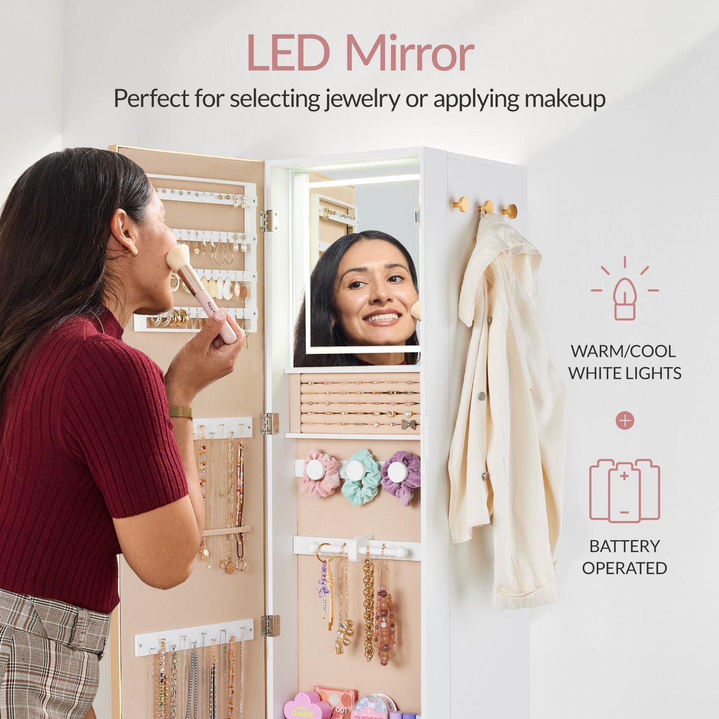 Rotating Mirror with Storage Cabinet Swivel Jewelry Armoire Shelves Hooks with practical style for home spaces