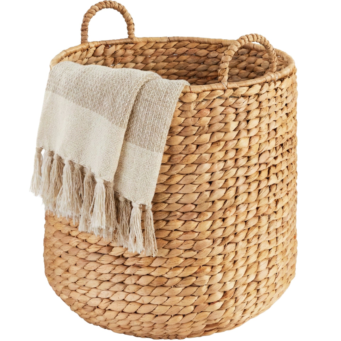 Round Storage Basket with Handles Handwoven Water Hyacinth Tote with reliable function and style