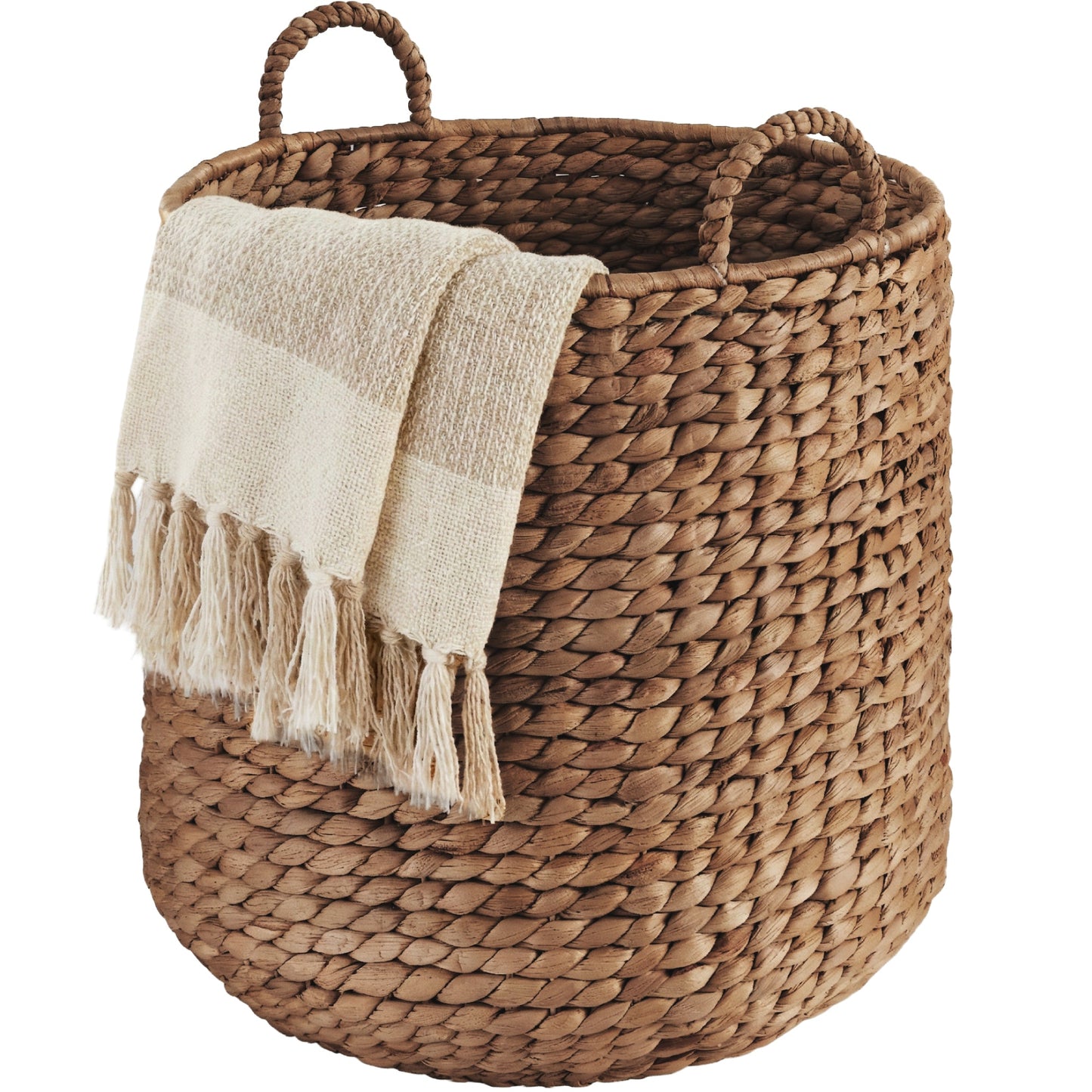 Round Storage Basket with Handles Handwoven Water Hyacinth Tote with reliable function and style