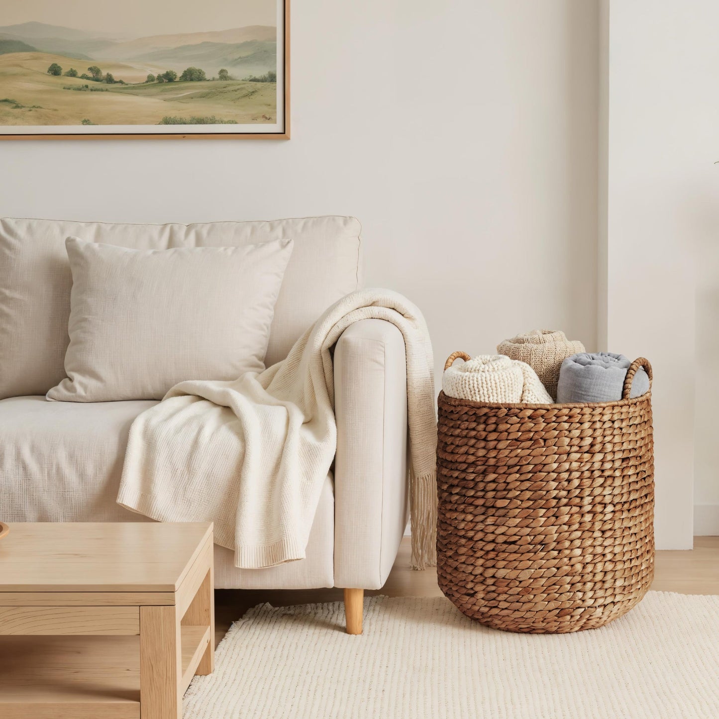 Round Storage Basket with Handles Handwoven Water Hyacinth Tote with reliable function and style