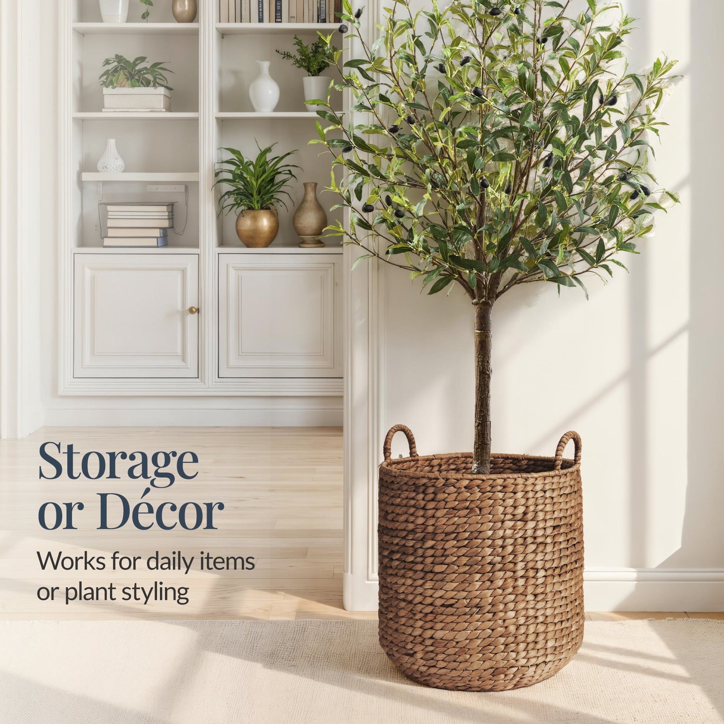 Round Storage Basket with Handles Handwoven Water Hyacinth Tote with reliable function and style