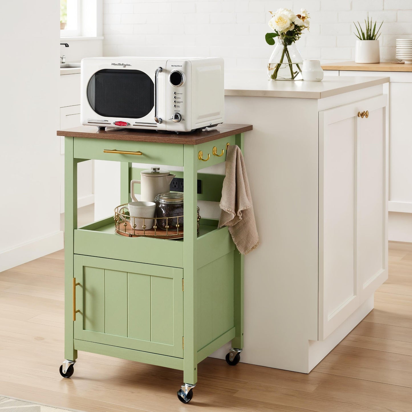Rolling Kitchen Island Cart Cabinet with Drawer Sliding Tray Outlet Wheels designed for everyday comfort and storage