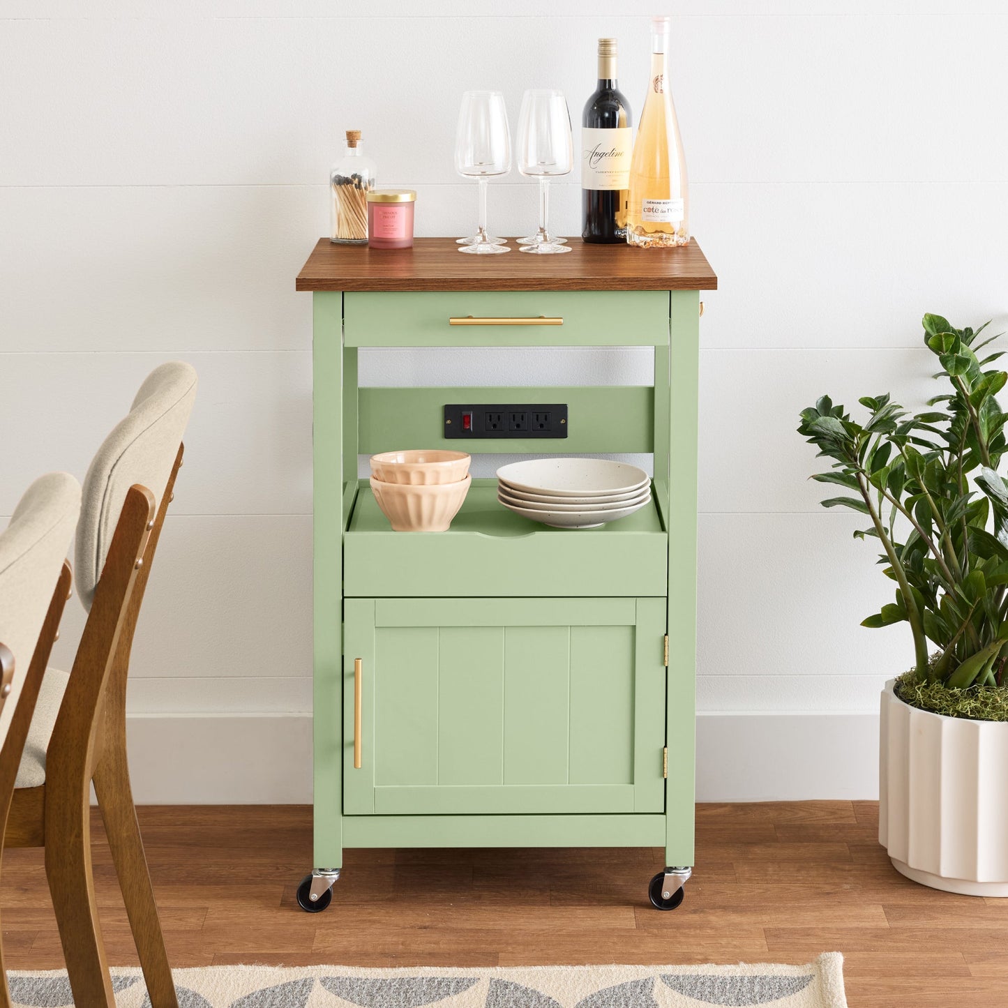 Rolling Kitchen Island Cart Cabinet with Drawer Sliding Tray Outlet Wheels designed for everyday comfort and storage