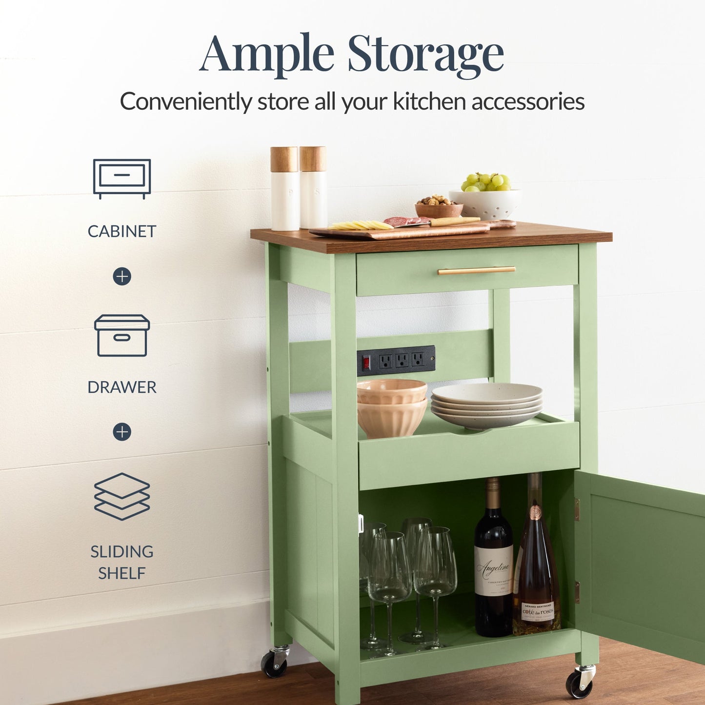 Rolling Kitchen Island Cart Cabinet with Drawer Sliding Tray Outlet Wheels designed for everyday comfort and storage