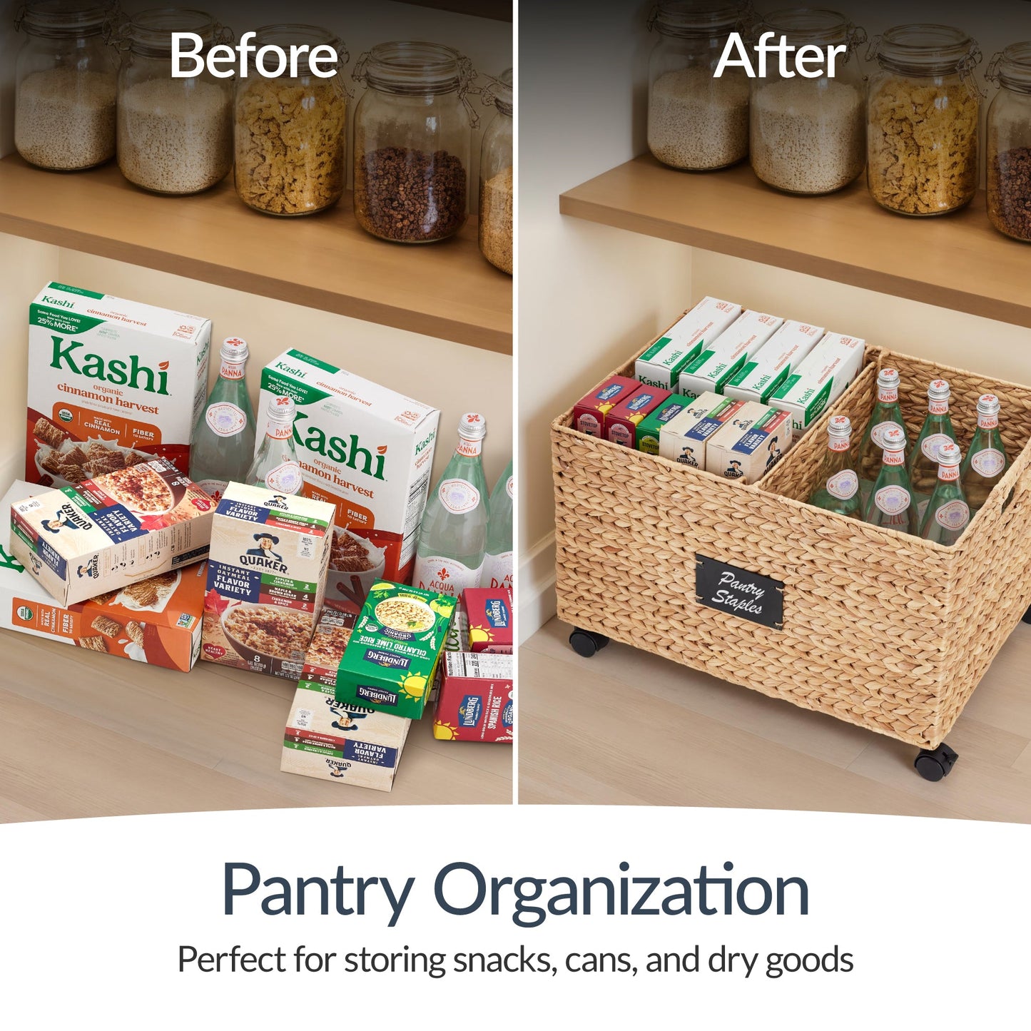 Rolling Pantry Storage Basket Organizer with Chalkboard Label Handles Removable Divider - Chestnut for home, family, and everyday needs