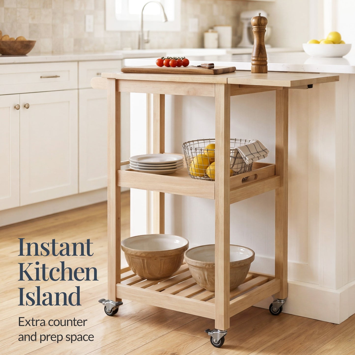 Rolling Kitchen Island Cart with Drop Leaf Extension Solid Wood with dependable design for comfortable, organized home spaces
