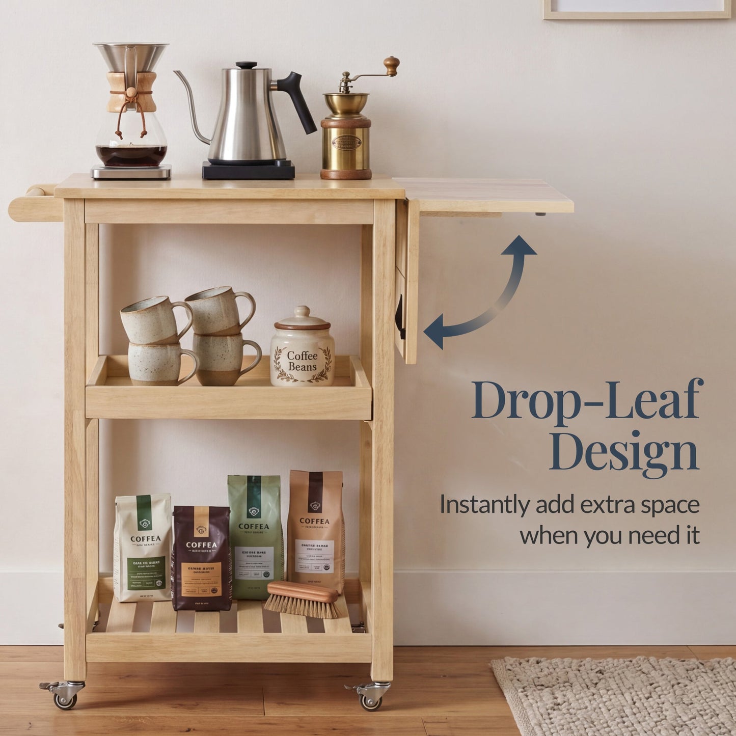 Rolling Kitchen Island Cart with Drop Leaf Extension Solid Wood with dependable design for comfortable, organized home spaces