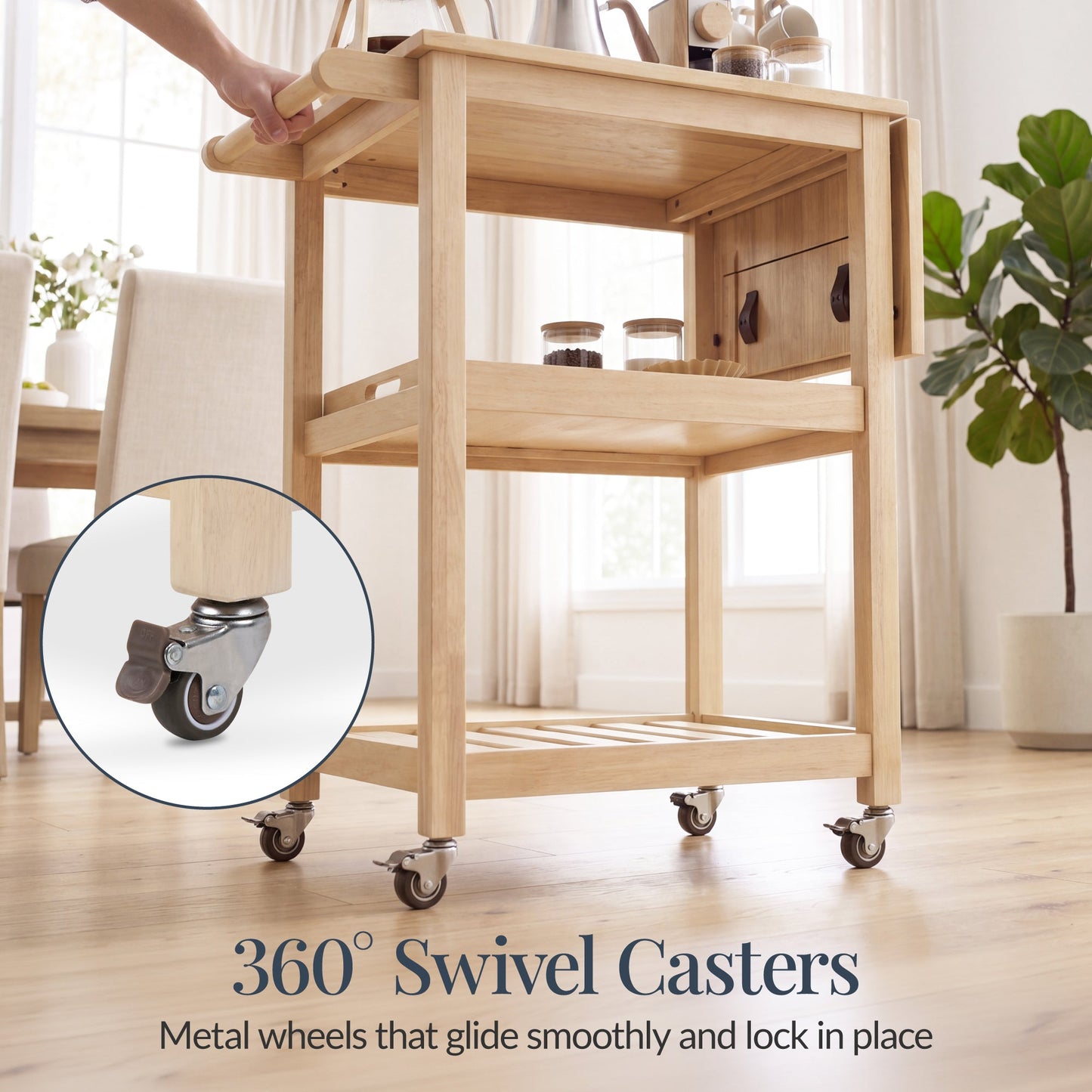 Rolling Kitchen Island Cart with Drop Leaf Extension Solid Wood with dependable design for comfortable, organized home spaces