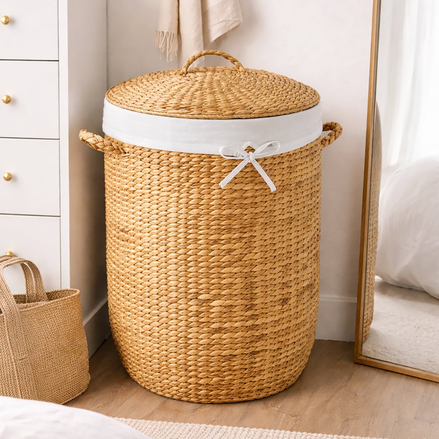Round Laundry Hamper with Lid with Handles and Removable Liner for simple setup and everyday use