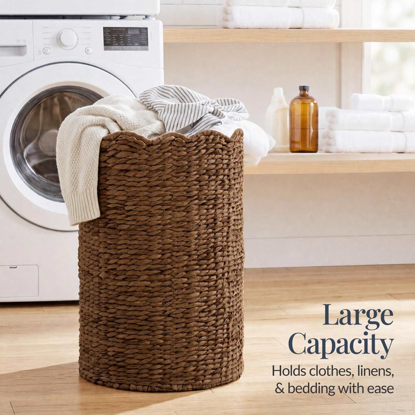 Scalloped Large Round Laundry Hamper Handwoven Laundry Basket for convenient daily use