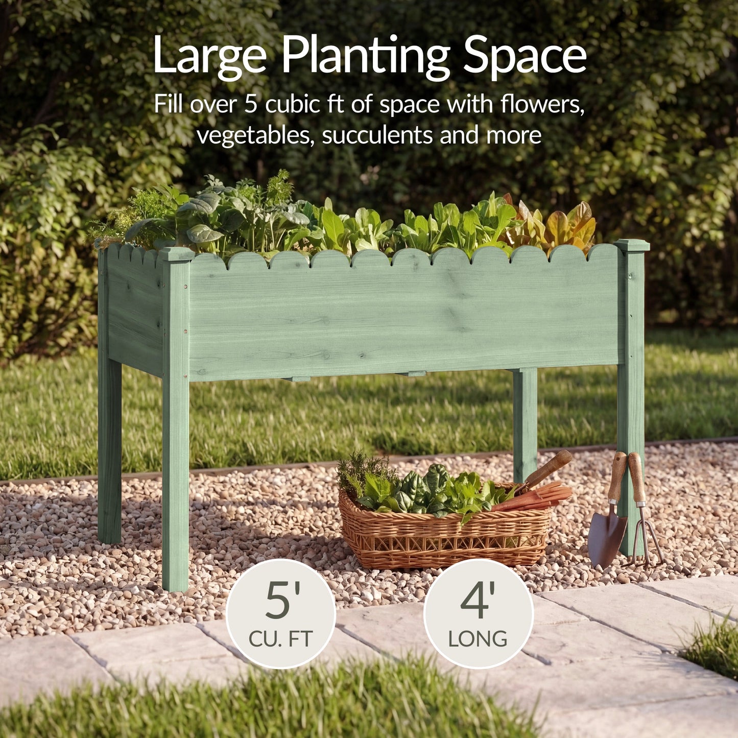Raised Garden Bed Scalloped Elevated Wooden Planter Box - 48x24x30in with practical outdoor-ready details