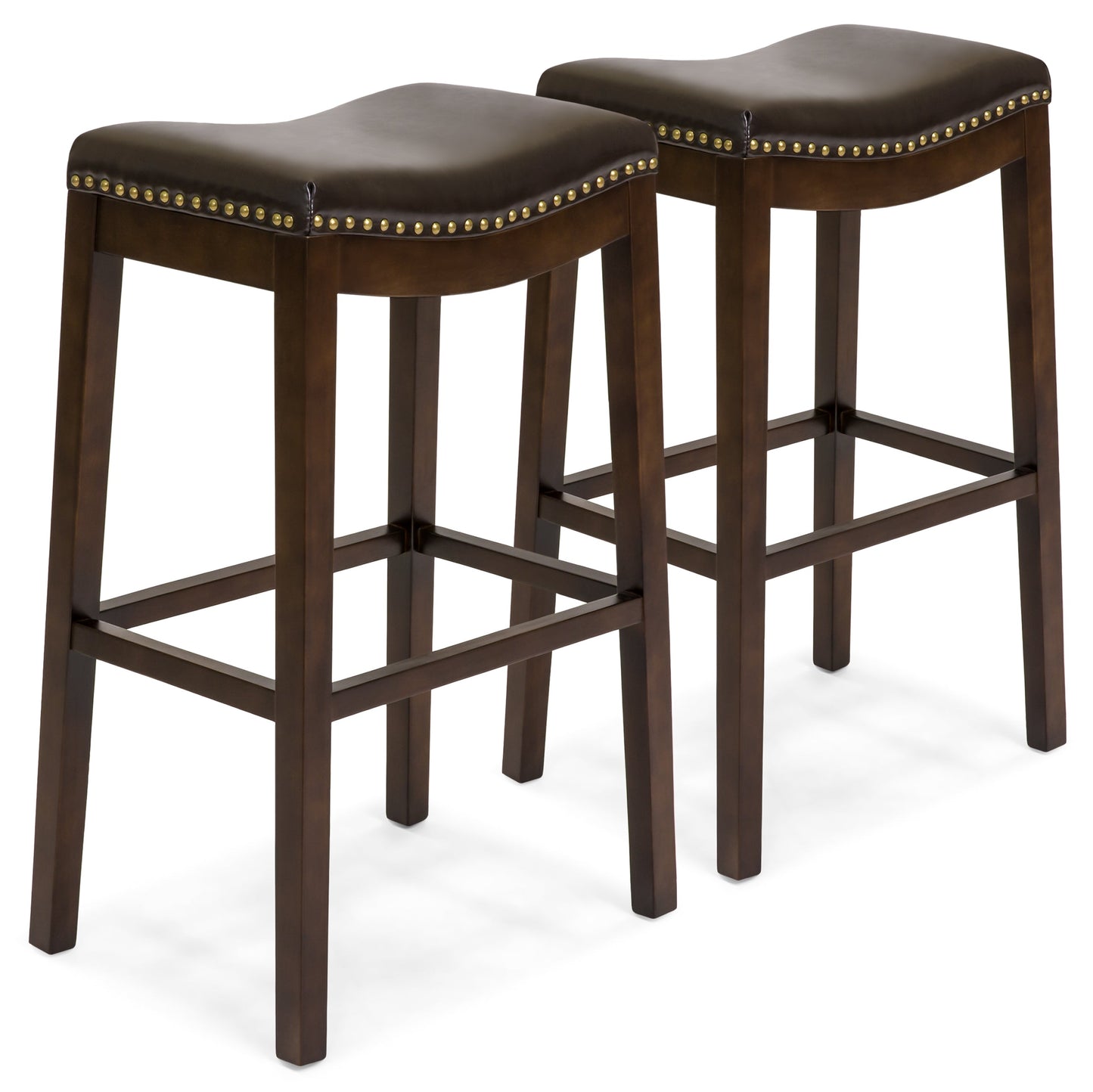 Set of 2 31in Backless Bar Stool Accent Chairs with Faux Leather Brass Studs designed for everyday comfort and storage