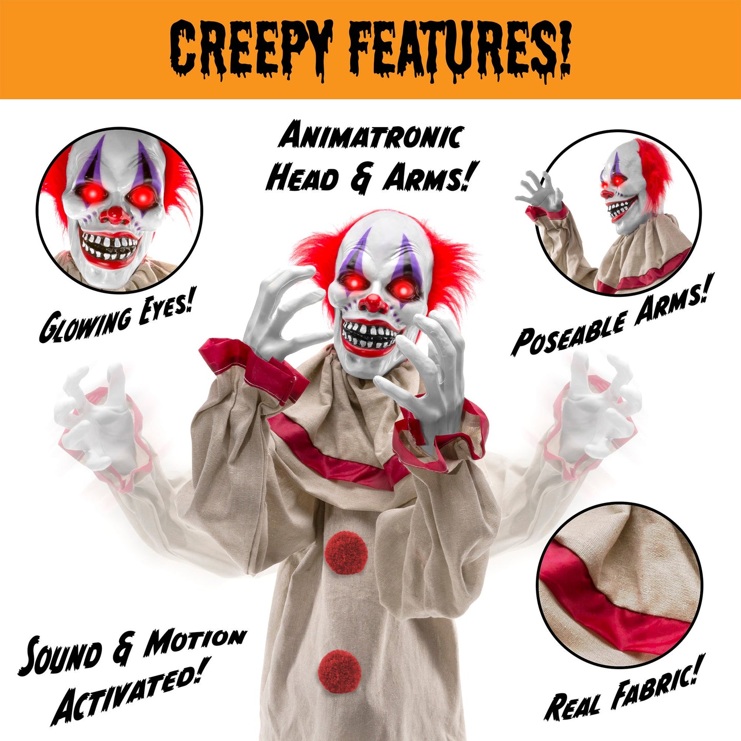 Scary Harry the Motion Activated Animatronic Killer Clown Halloween Prop for indoor and outdoor holiday displays