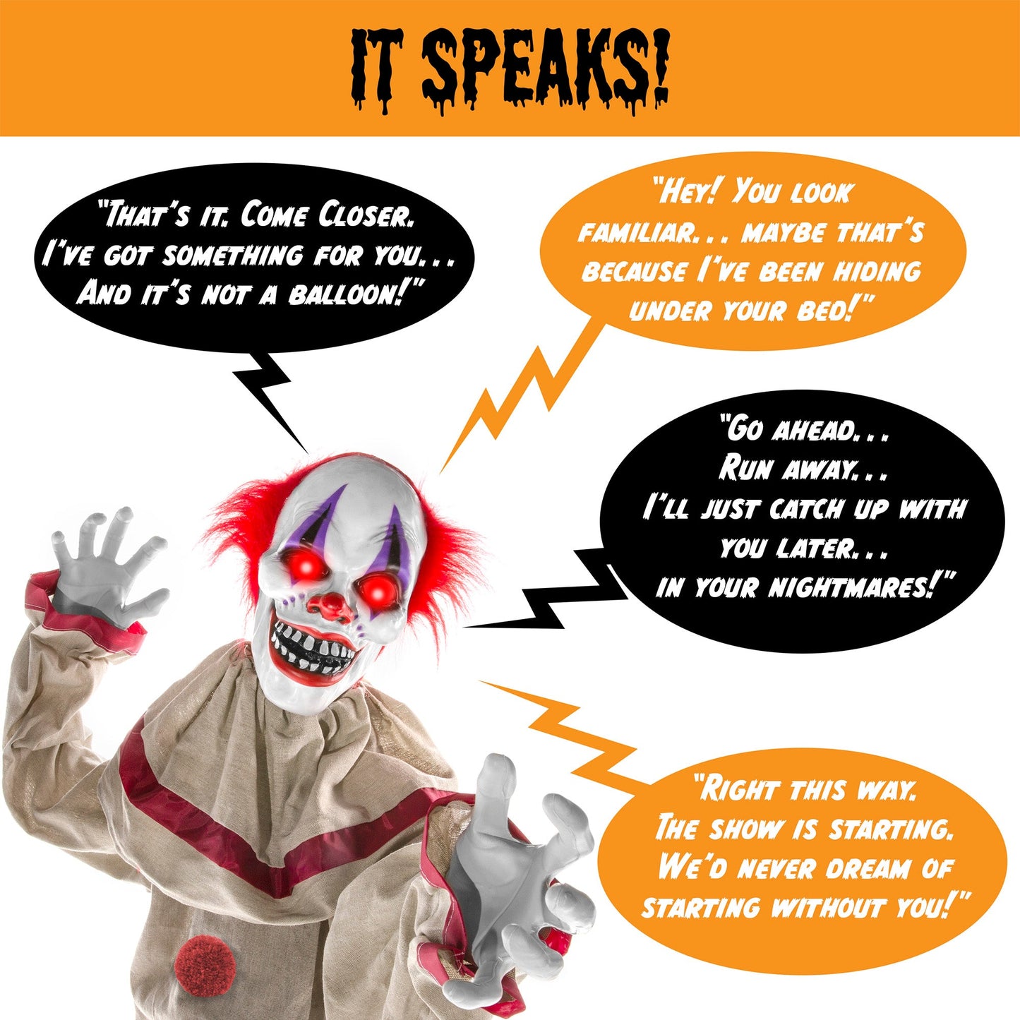 Scary Harry the Motion Activated Animatronic Killer Clown Halloween Prop for indoor and outdoor holiday displays