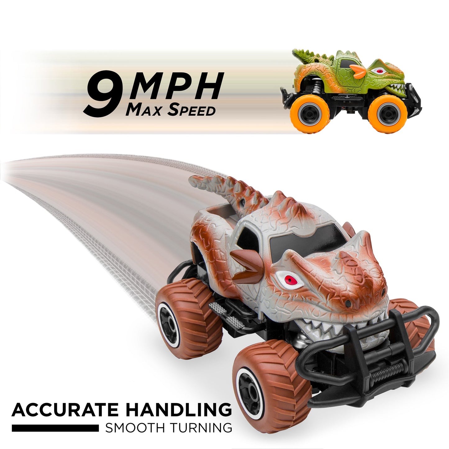 Set of 2 27MHz Mini Toy Dinosaur RC Remote Control Cars with 9mph Max Speed for active play and family fun