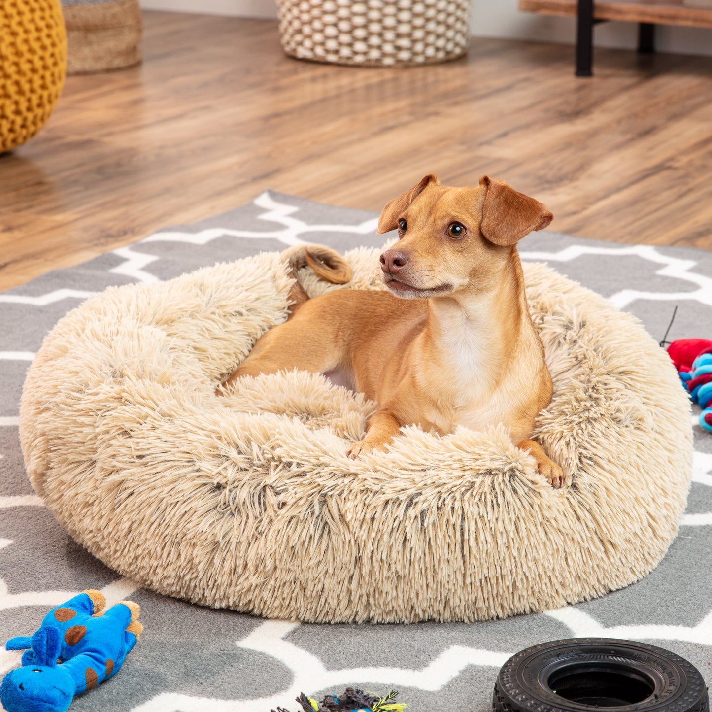 Self-Warming Shag Fur Calming Pet Bed with Water-Resistant Lining - Brown for comfortable home living