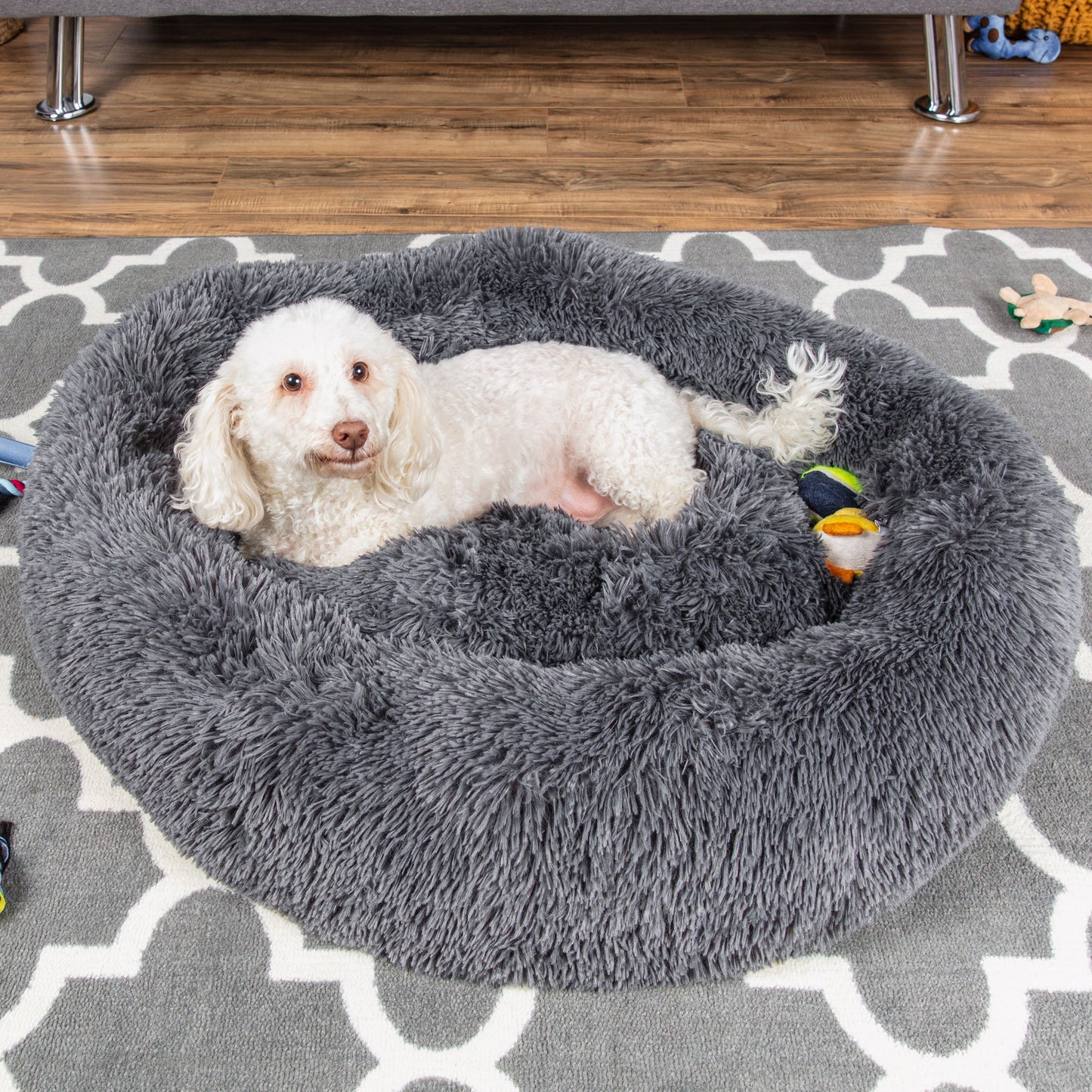 Self-Warming Shag Fur Calming Pet Bed with Water-Resistant Lining - Gray with practical style for home spaces