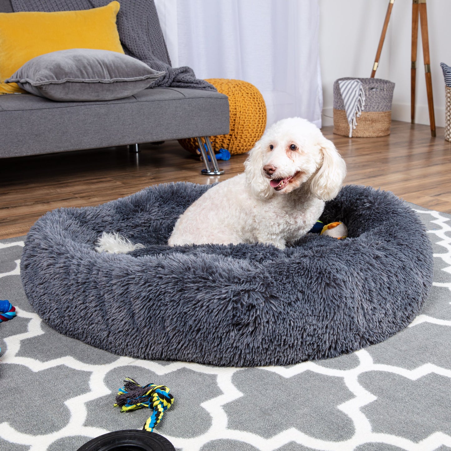 Self-Warming Shag Fur Calming Pet Bed with Water-Resistant Lining - Gray with practical style for home spaces