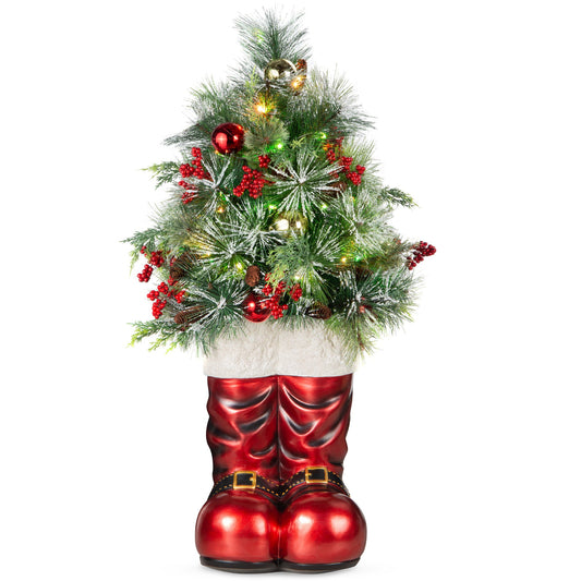Santa Boots with Pre-Decorated Christmas Greenery Lights - 40in with eye-catching holiday style