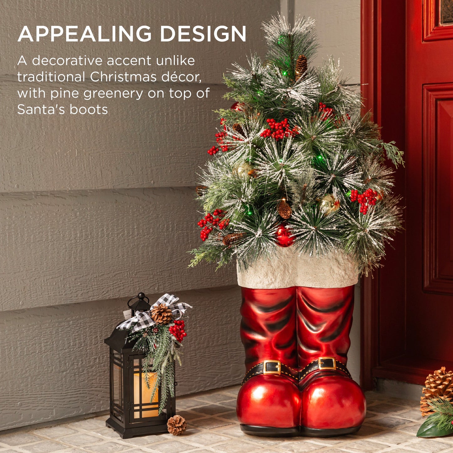Santa Boots with Pre-Decorated Christmas Greenery Lights - 40in with eye-catching holiday style