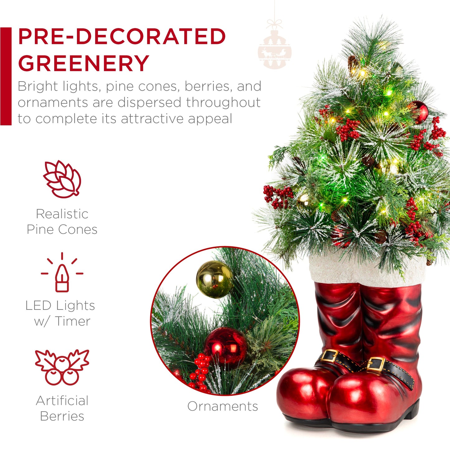 Santa Boots with Pre-Decorated Christmas Greenery Lights - 40in with eye-catching holiday style