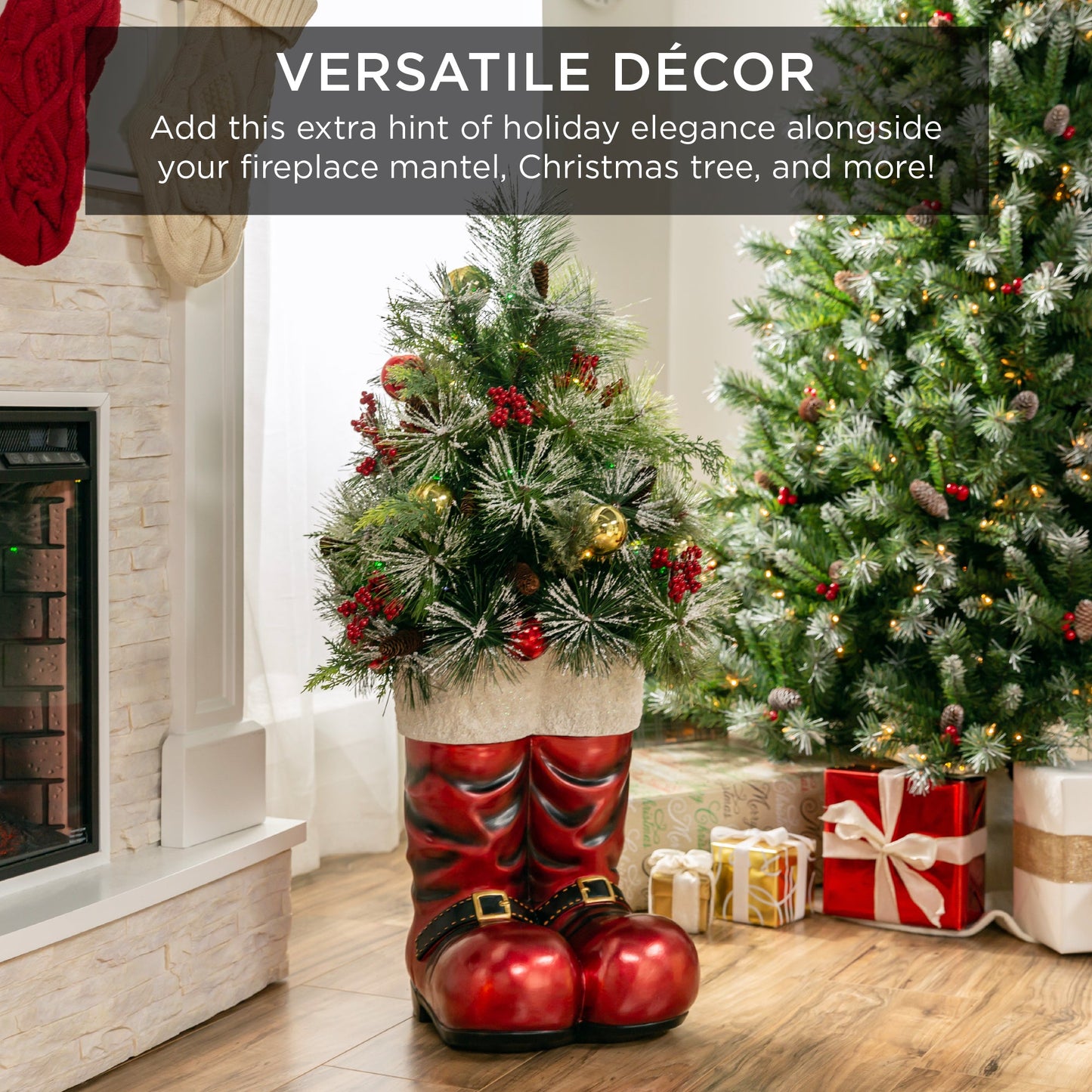 Santa Boots with Pre-Decorated Christmas Greenery Lights - 40in with eye-catching holiday style
