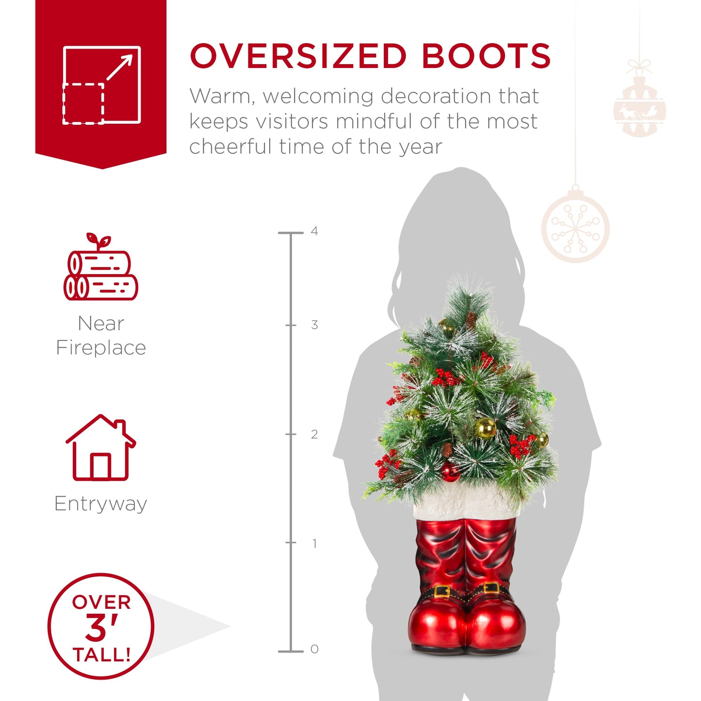 Santa Boots with Pre-Decorated Christmas Greenery Lights - 40in with eye-catching holiday style