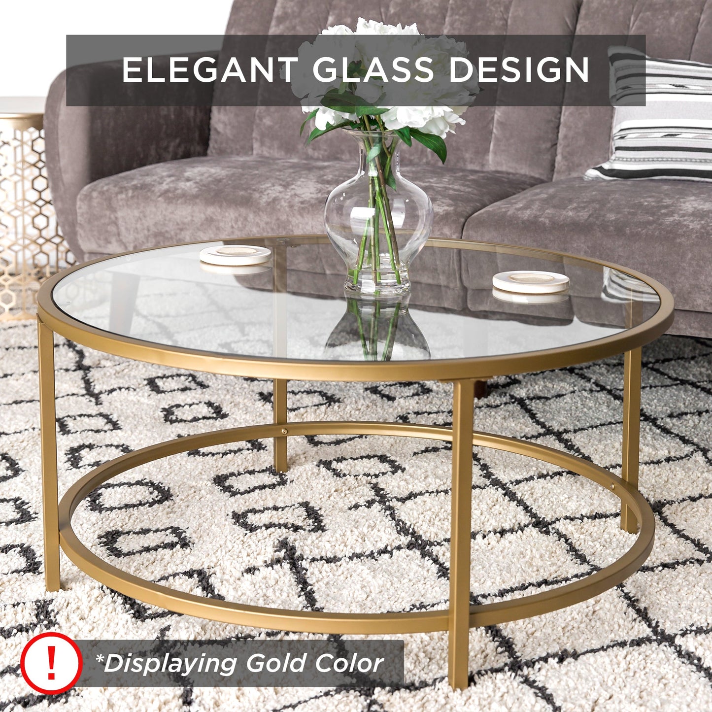 Round Tempered Glass Coffee Table with Steel Frame - 36in designed for everyday comfort and storage