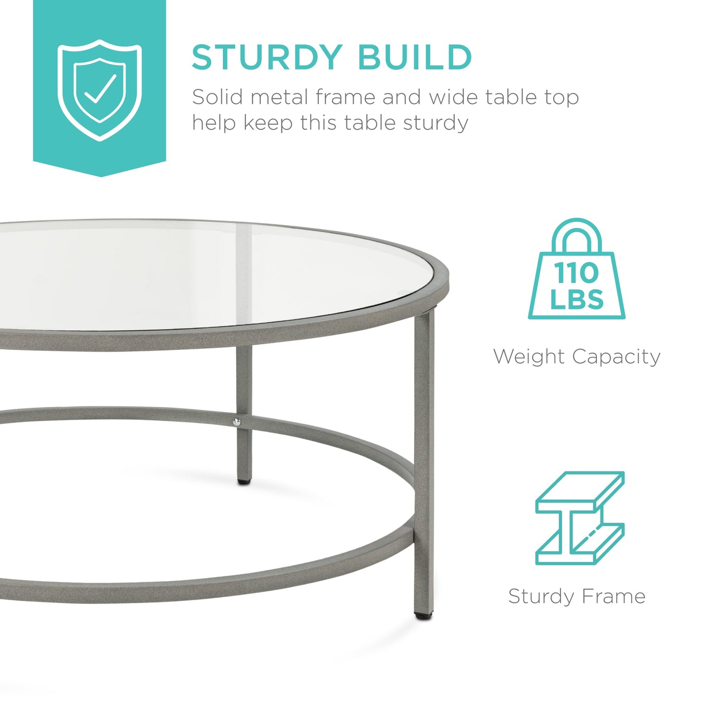 Round Tempered Glass Coffee Table with Steel Frame - 36in designed for everyday comfort and storage
