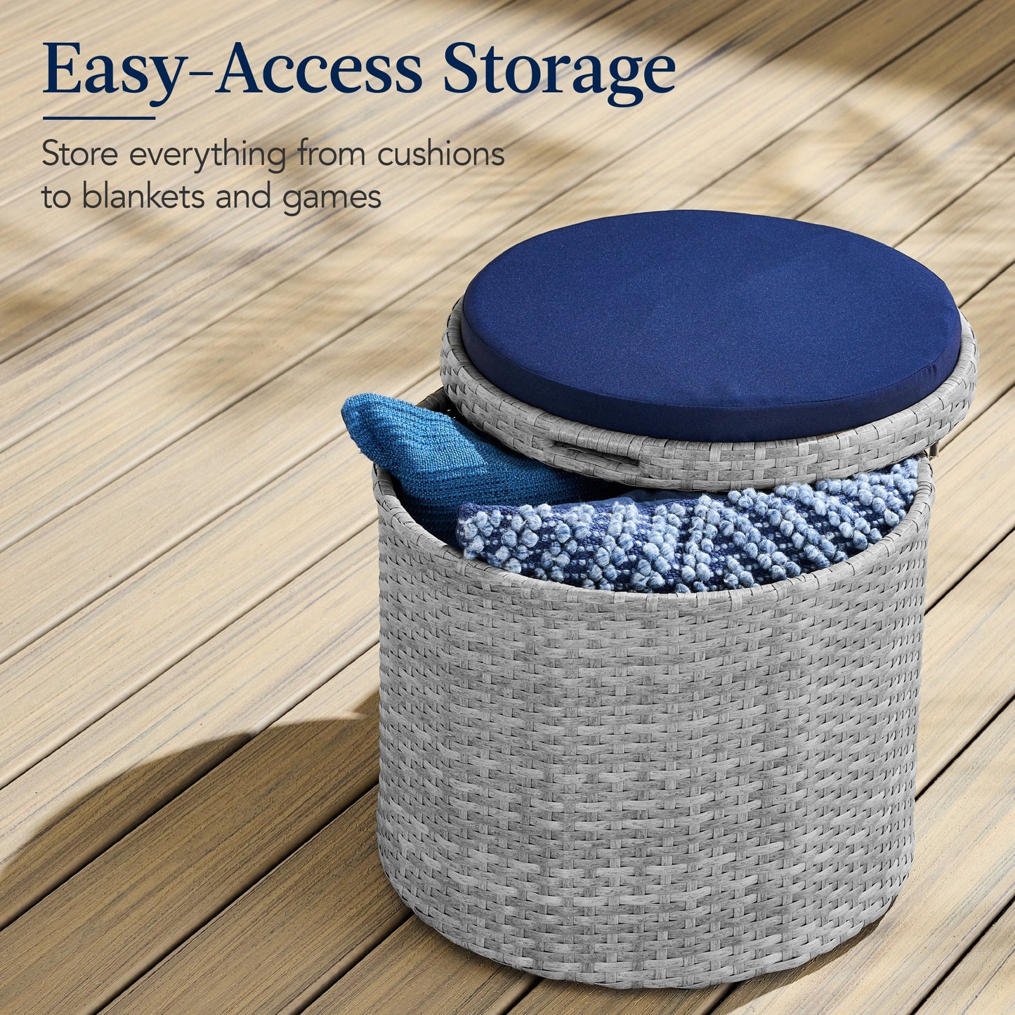 Round Wicker Ottoman Multipurpose Furniture with Removable Cushion for patio, backyard, and outdoor living