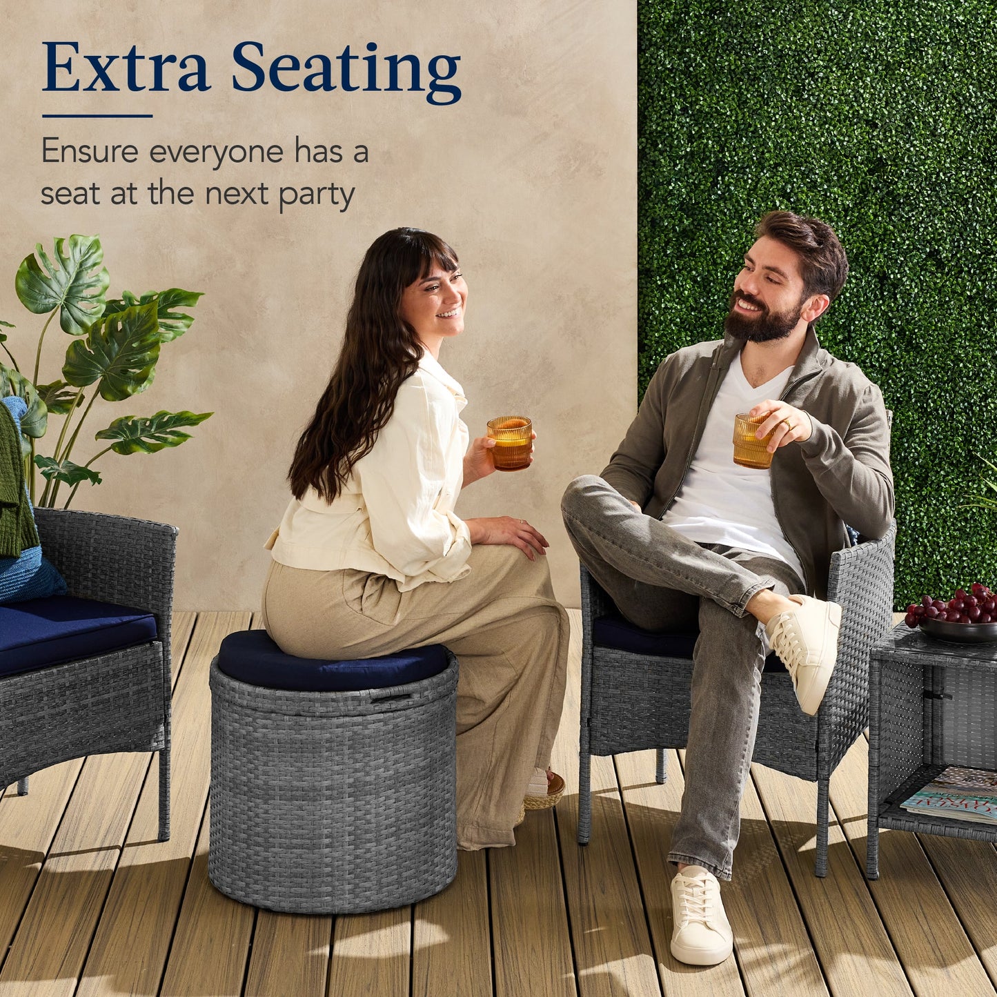 Round Wicker Ottoman Multipurpose Furniture with Removable Cushion for patio, backyard, and outdoor living