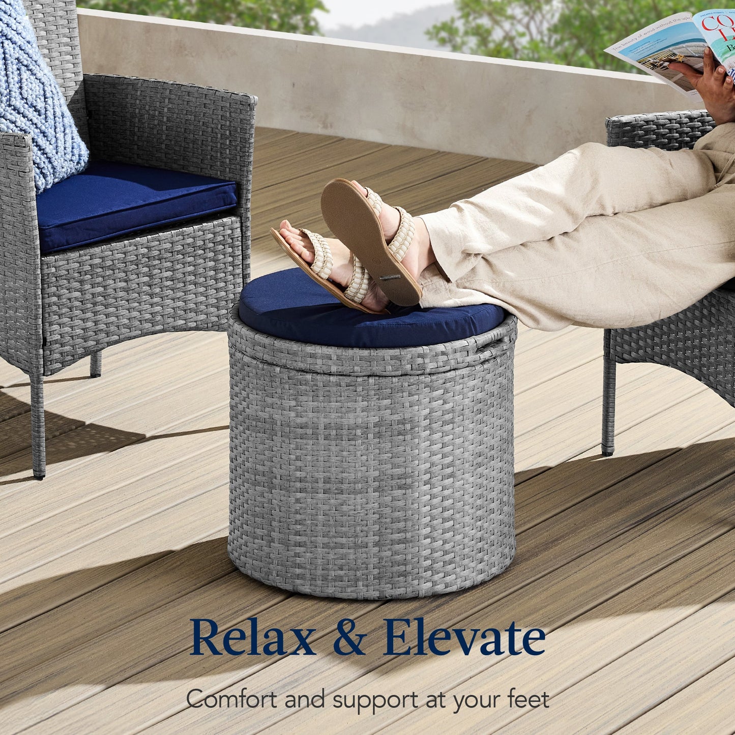 Round Wicker Ottoman Multipurpose Furniture with Removable Cushion for patio, backyard, and outdoor living