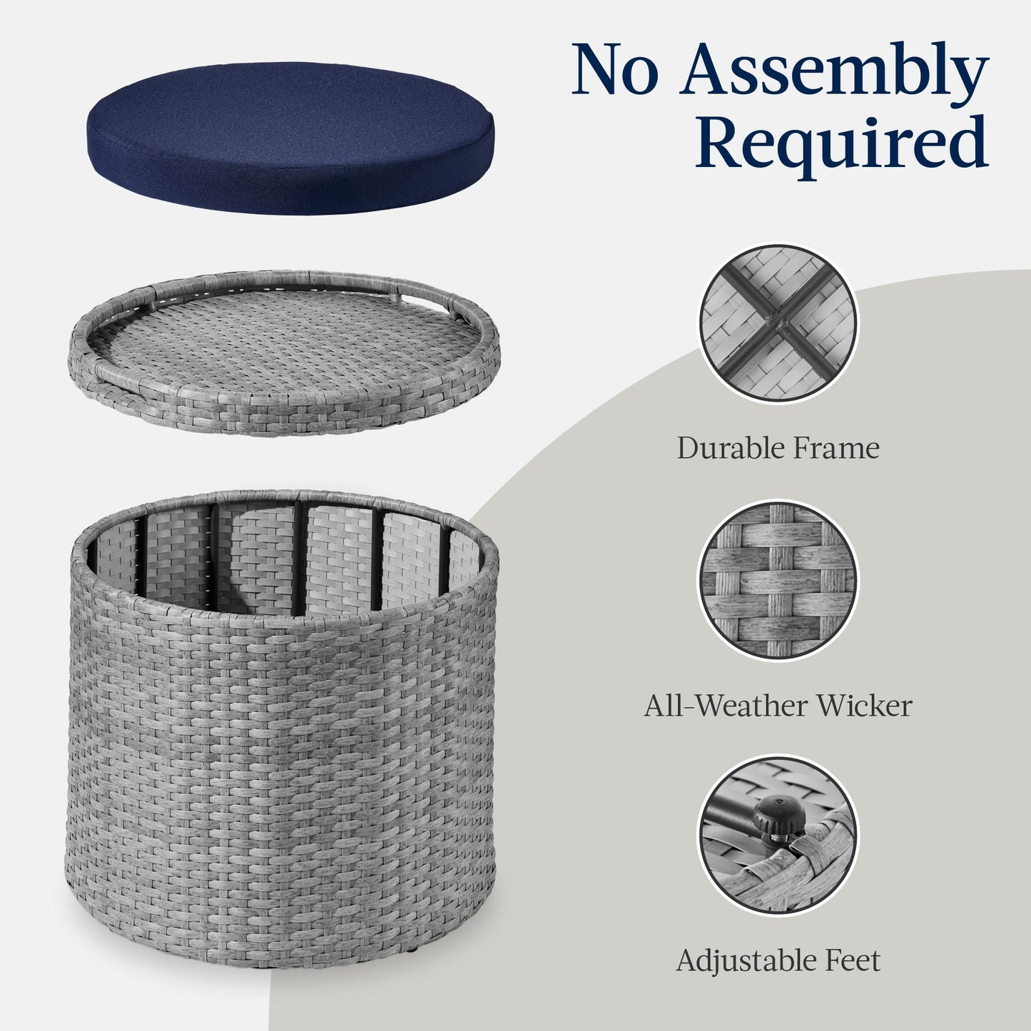 Round Wicker Ottoman Multipurpose Furniture with Removable Cushion for patio, backyard, and outdoor living