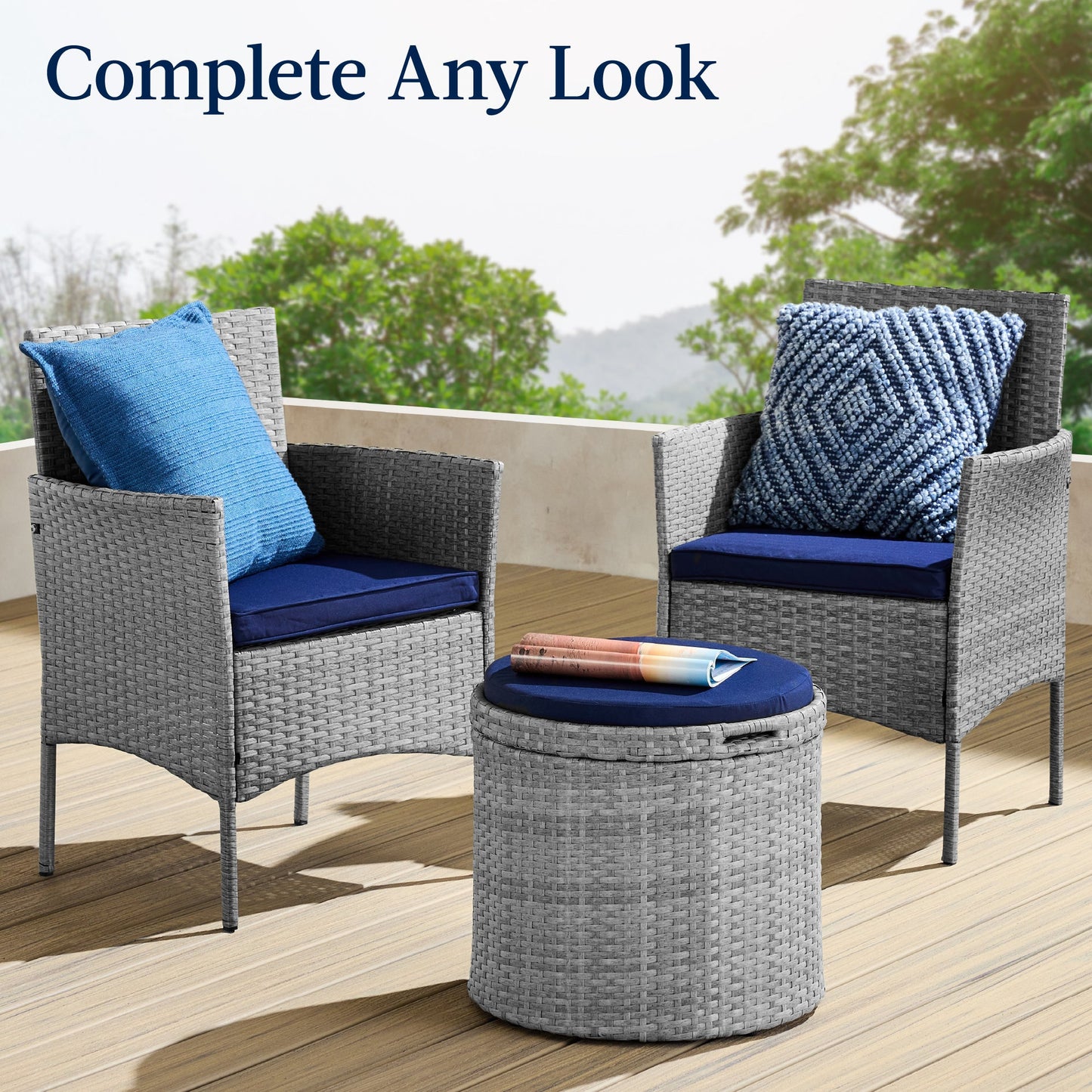 Round Wicker Ottoman Multipurpose Furniture with Removable Cushion for patio, backyard, and outdoor living